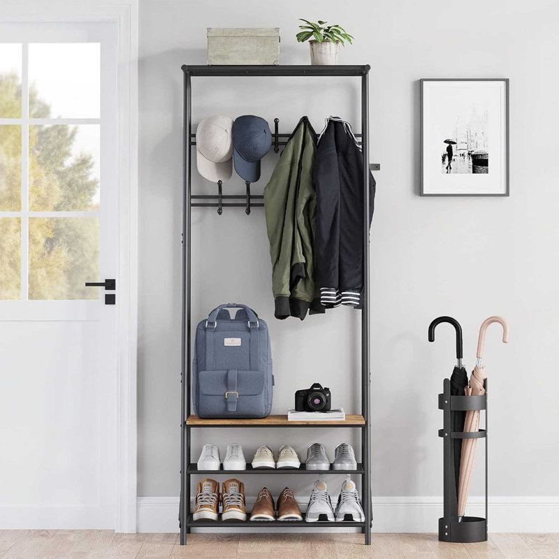 17 Stories Coat Rack Hall Tree With Shoe Storage Bench Entryway Bench With Shoe Storage 4 In 1 Steel Frame With 10 Hooks For Entryway Freestanding Coat Rack Stand For Living Room Bedroom Rustic